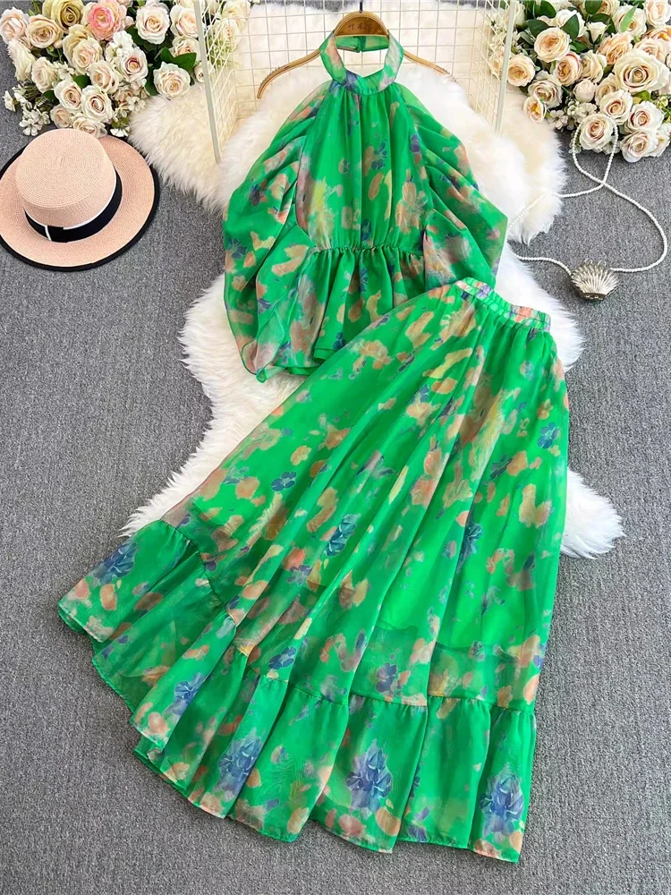 Summer Women Floral Two Piece Set Sexy Green/Pink/Yellow/Rose Red Halter Sleeveless Ruffle Tops + Long Skirt Suit Beach Vacation