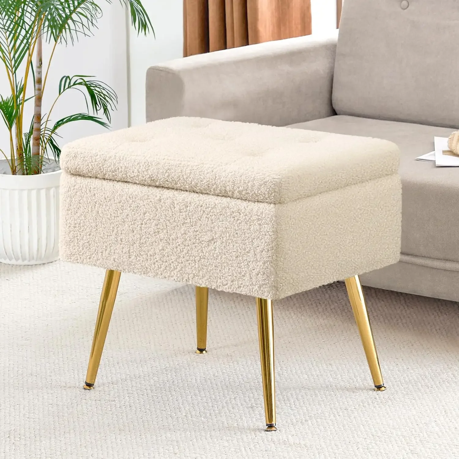 Vanity Stool, Sherpa Vanity Bench with Storage,Faux Fur Vanity Chair for Makeup Room, Comfy Foot Rest Modern Ottoman for Bedroom