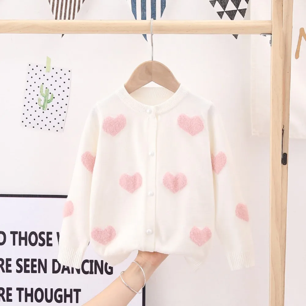 New 2024 Baby Girls Fashion Knitted Cardigan Sweater Kids Autumn Warm Heart Embroidery Button Sweater Jacket Coat Cotton T-Shirt