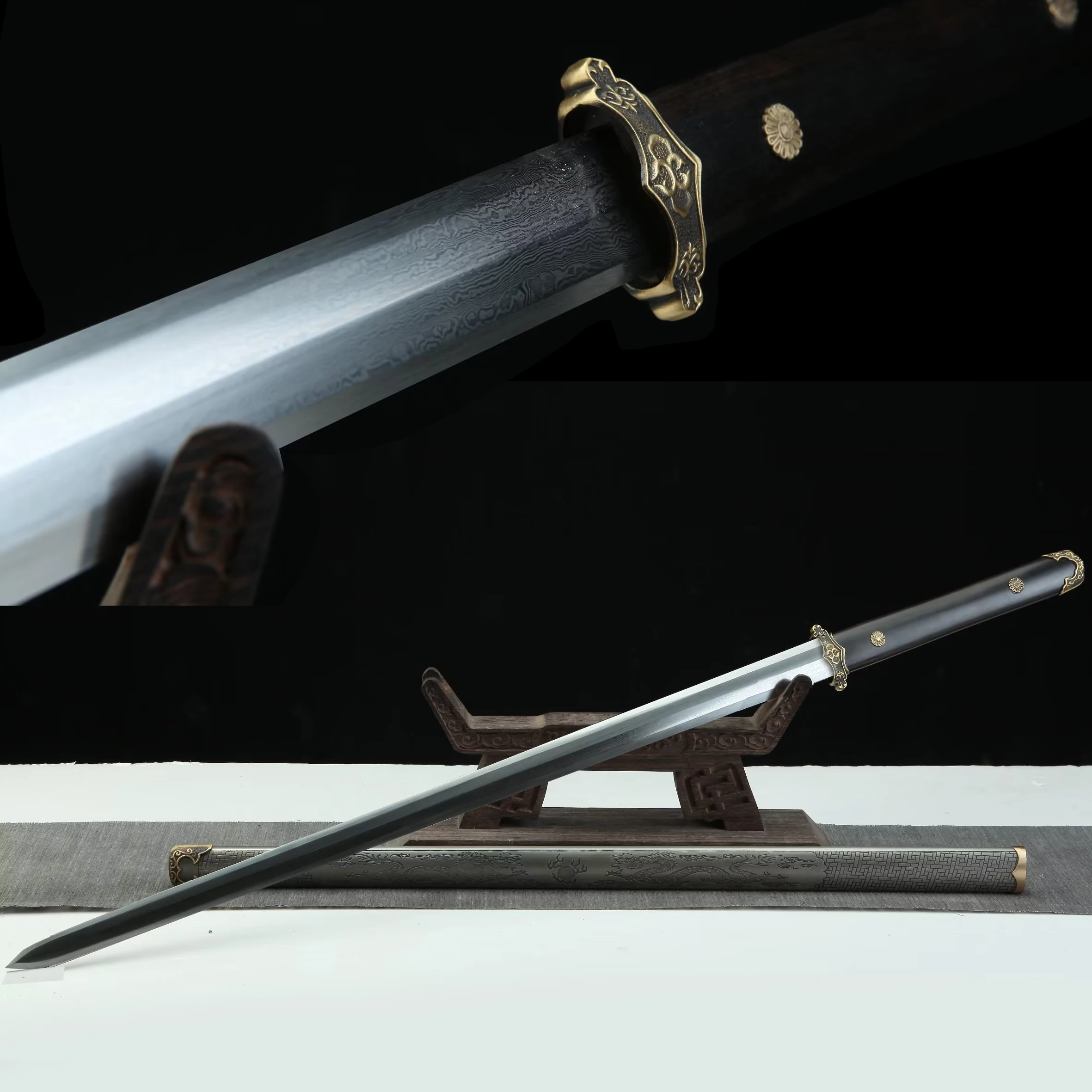 

99cm True Steel True sword Medieval Damascus steel Tang sword hand forged fight ready sword blade weapon katana Dragon
