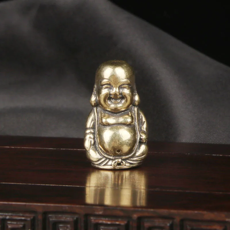 Vintage Brass Maitreya Buddha Desktop Ornament Pocket-Sized Handheld Buddha Craft Curio Copperware Home Decor Items