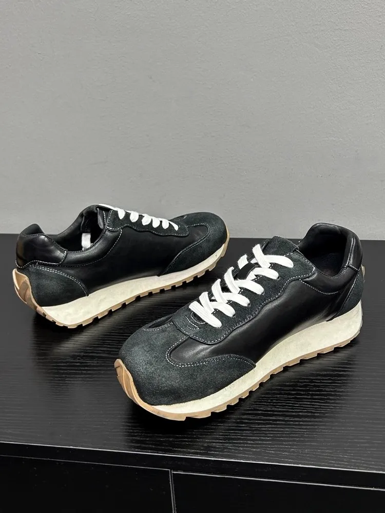 New Fashion Mens Horsehide Genuine Leather Spliced Suede Sneakers Low Cut Lace Up Thick Platform Joggers Sneakers Casual Shoes