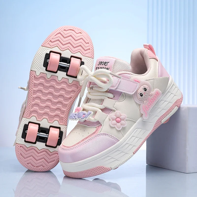 Children Roller Skates Boys Girls Leather Roller Skates Kids Hidden 2Wheels with Multiple Functions Detachable Tide Casual Shoes view 2