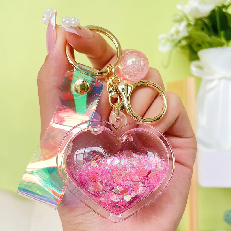 Trendy Oil Quicksand Heart Keychain Creative Key Rings Gifts for Lovers