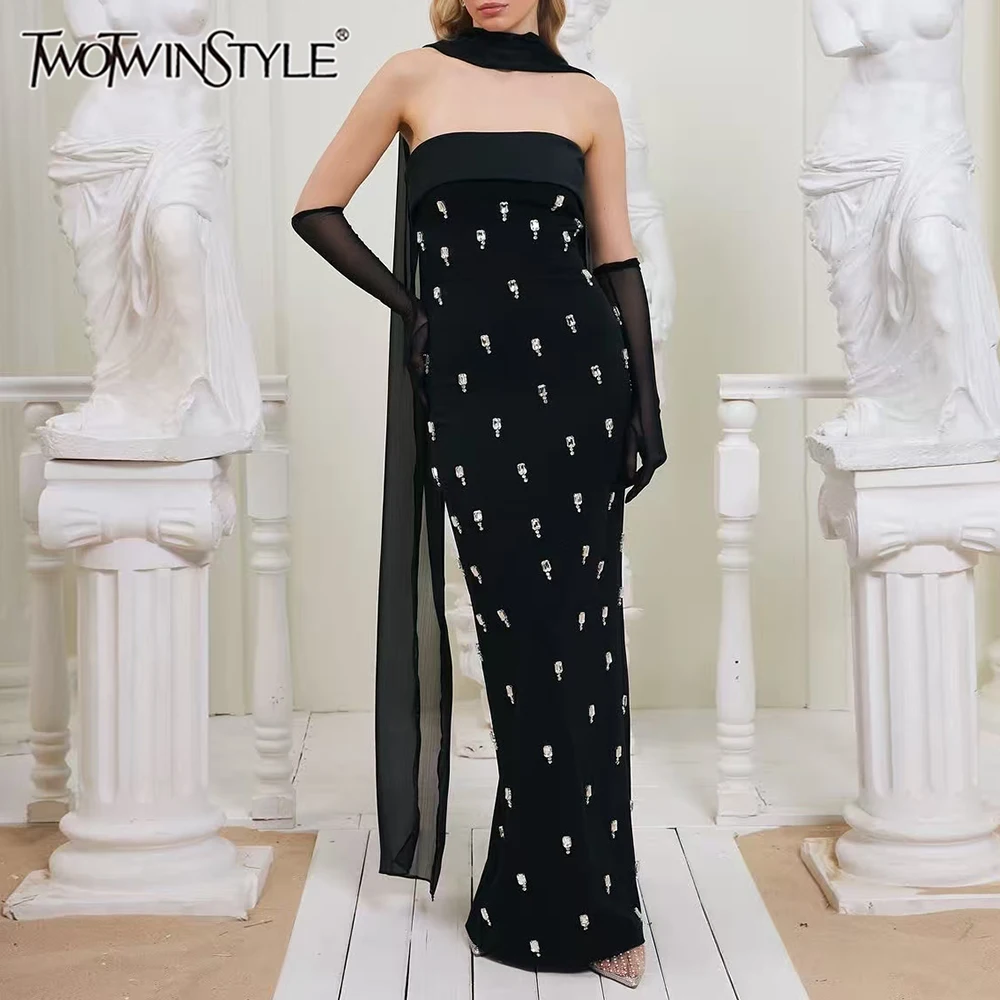 

TWOTWINSTYLE Solid Slimming Spliced Bead Luxurious Dresses for Women Strapless Sleeveless Patchwork Lace Up Dress Female Fashion