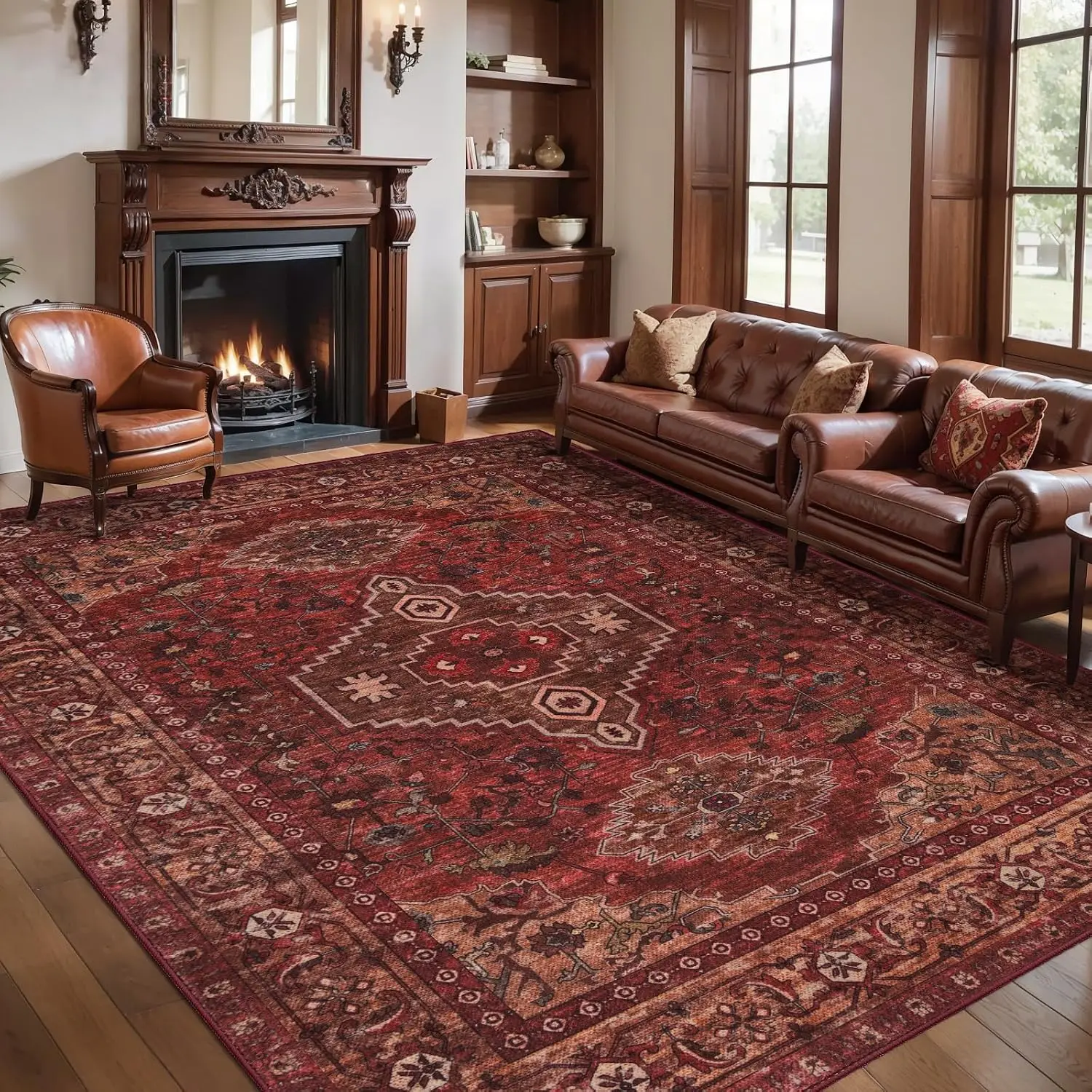 Polypropylene Area Rug, Vintage Boho Oriental Print Floor Carpet For Living Room Dining Area And Bedroom, Durable Washable Large Indoor Mat, Dark Red Single Pack