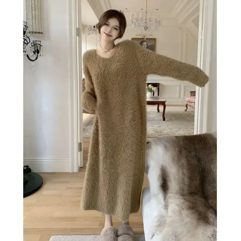 Autumn Winter New Fashion V-neck Long Sleeve Solid Mink Fur Women's Clothing Slim Korean All-match Temperament Knitting Dresses