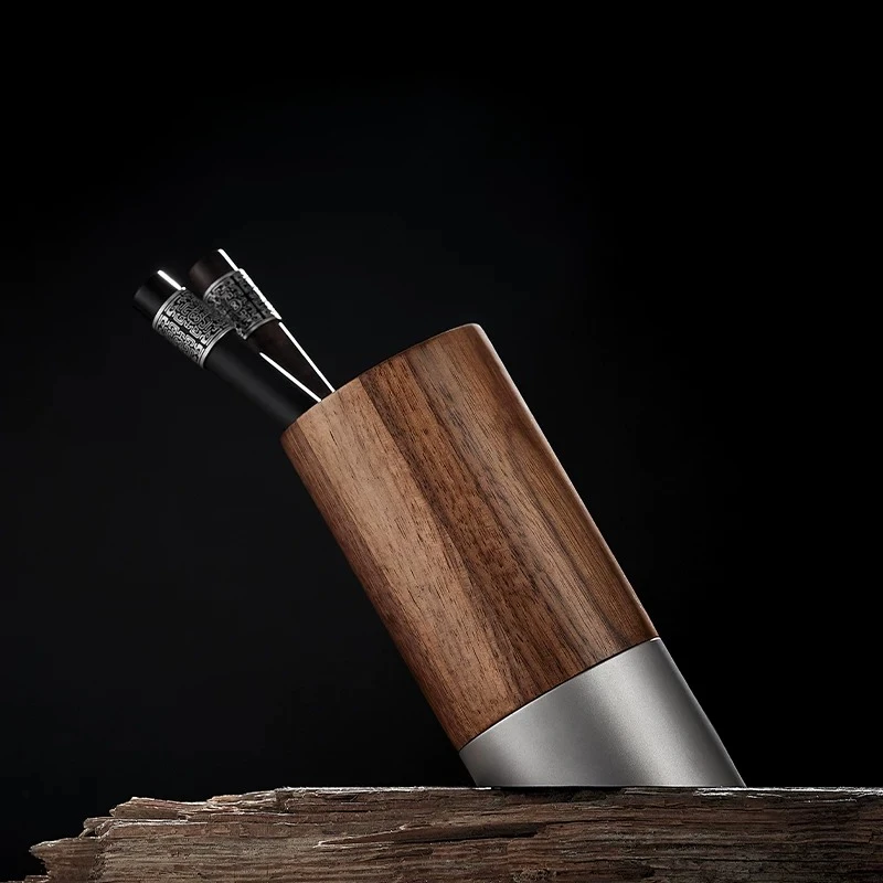 ✨ Walnut Wood Pencil Holder with Metal Base Stable Oblique Writing Desk Organizer for Office Modern Minimalist Pen Storage Box