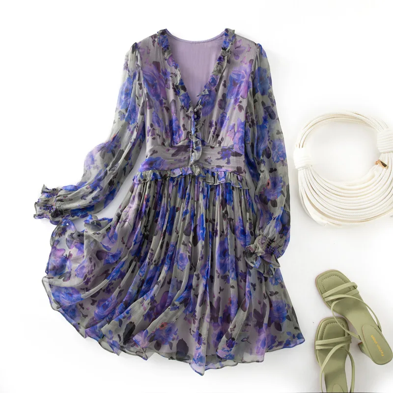 Winsleter-Women 100%Real Silk Elegant Dress, Long Sleeve V Neck Print, French Beach Vacation Party Dresses, 2025 Summer D54344CC