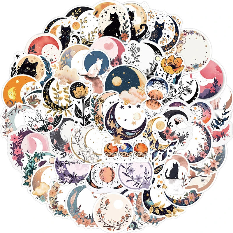 50Pcs Boho Moon Cat Stickers Aesthetic Moon Flower Stickers for Water Bottles, Laptops, Journals, Scrapbooking