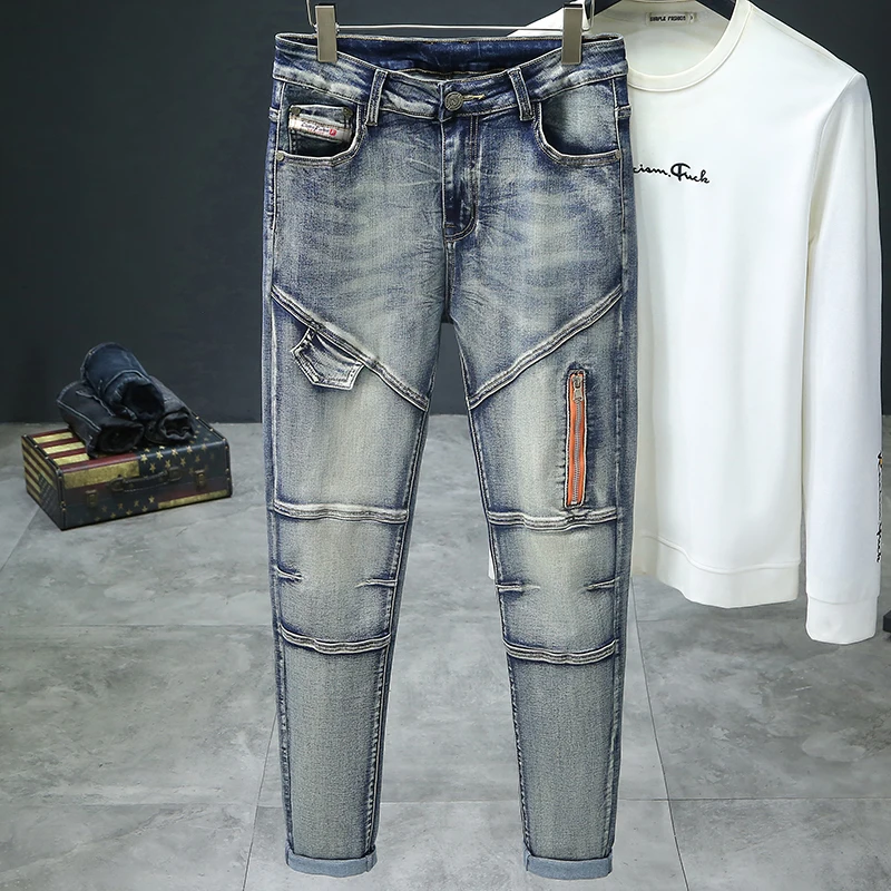 

2025 Retro Men's Jeans Casual Water Washed Slim fit Small Leg Pants Men's High Quality Splicing Zipper Style jeans for men