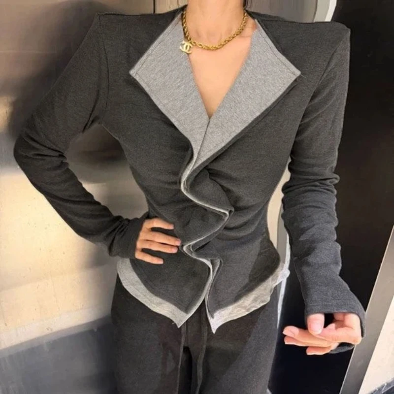 

Elegant Women's Slim Fit Knit Top With Asymmetrical Notched Lapel Design For Office Wear