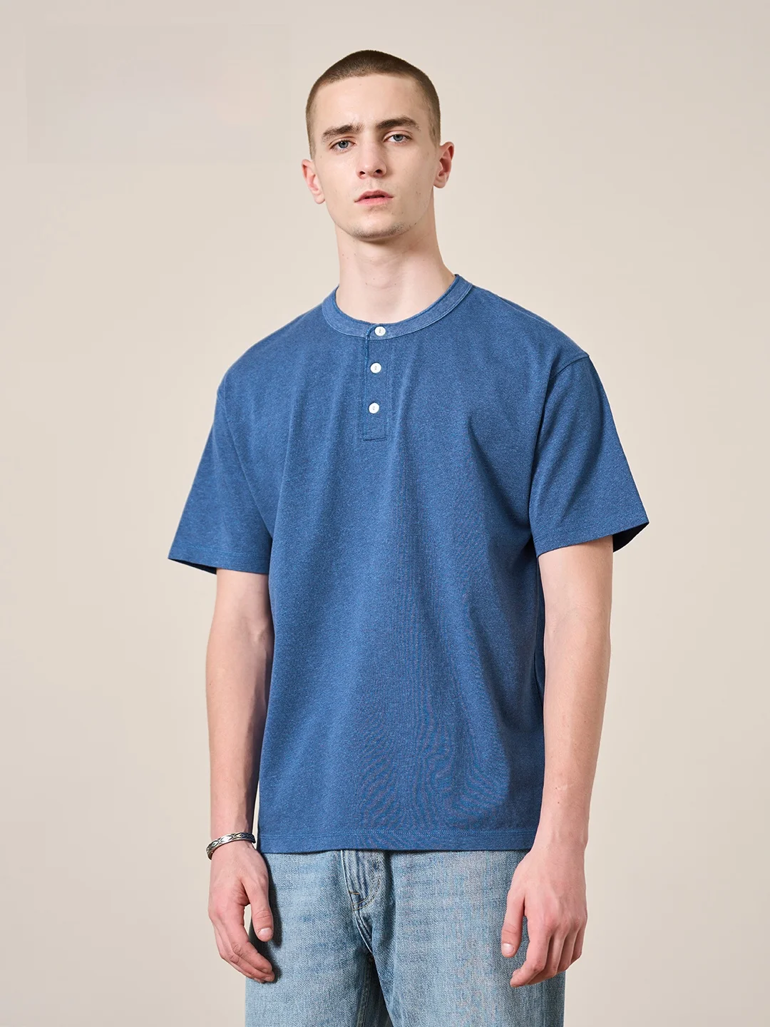 

Simwood Loose Fit ort Sve T-irt Men's Summer Pure Color Henry Collar Top Quali Knitted Cotton Youth Faion