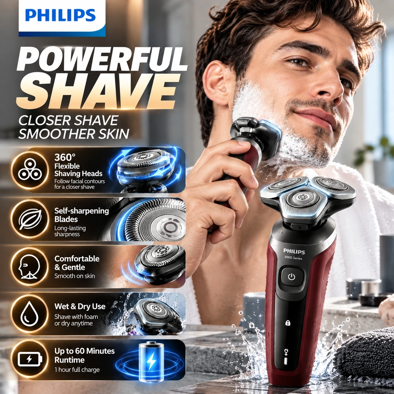 Philips S5388/02 Electric Shaver Skin IQ 6D Floating Blade Men's Rotary Razor Wet Dry Beard Trimmer Rechargeable Shaving Machine
