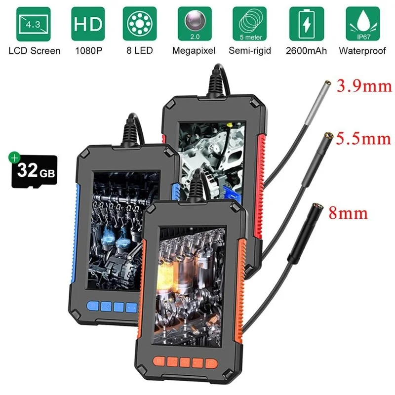 

1080P HD Industrial Endoscope Camema with 4.3 Inch LCD Screen Snake Car Engine Pipe Inspection Video Borescope 2600mAh Battery