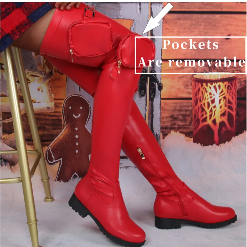 2023 Over The Knee Women Boots Pu Leather Low Heels Pocket Bags Boots Women\'s Thigh High Boots Autumn Winter Women Shoes