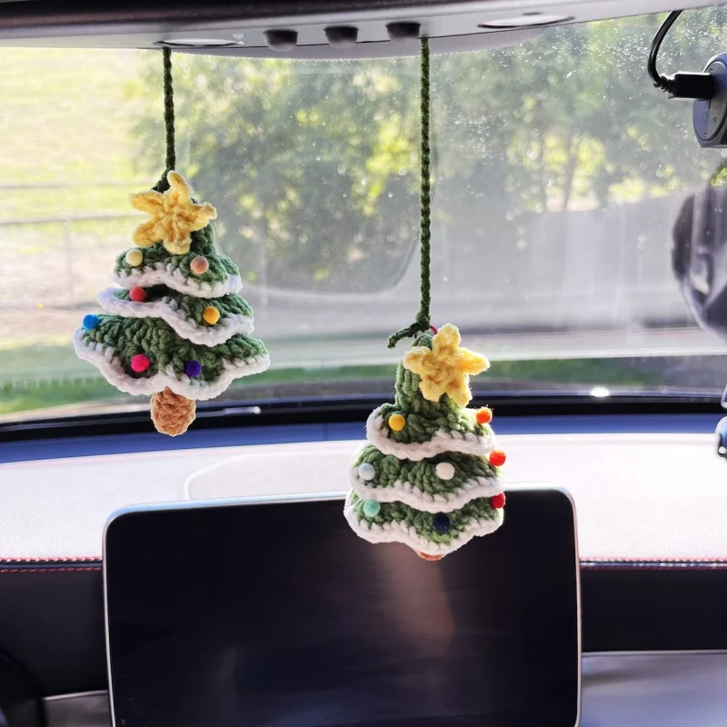 

Cute Crochet Christmas Tree Car Pendant,Christmas Tree Crochet for Car Decor,Car Ornament Rear View Mirror Hanging Accessories