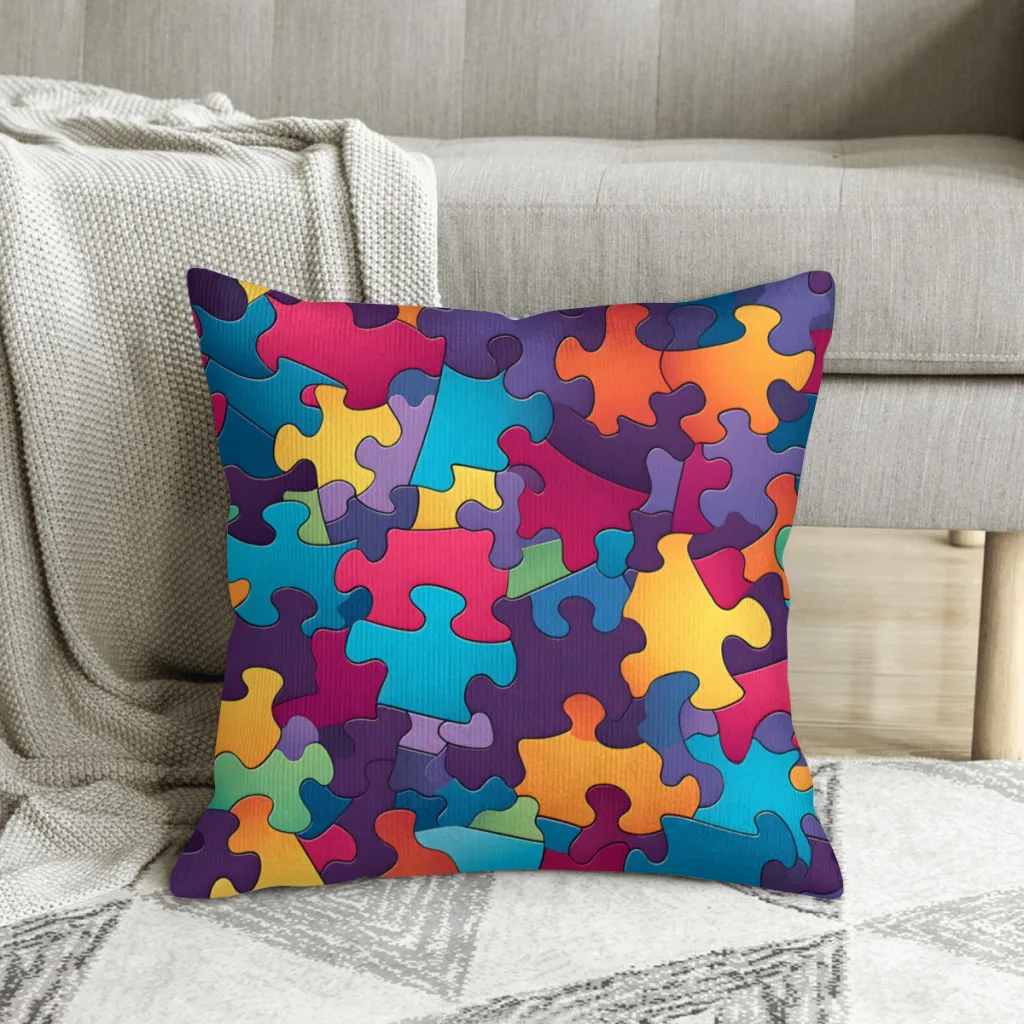 Mulitcoloured Jigsaw Design Jigsaw Puzzle Polyester Cushion Cover For Livingroom Garden Decorative Breathable Coussincase