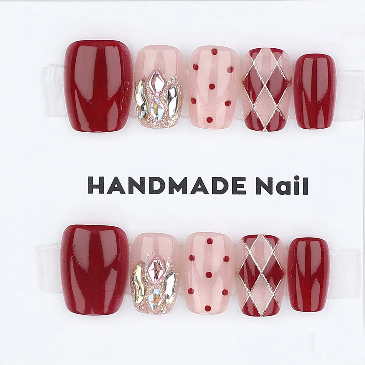 

10pcs Short Tapered Handmade Nails Wine Red Nude Pink Plaid Press-On Nail Polka Dot Cat Eye Full Coverage Nail Removable Nail