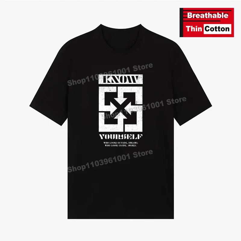 

Breathable Thin Cotton T-Shirt KNOW YOURSELF - Creative Geometry Print Shirts y2k Hip Hop Men's Casual Street Short Sleeve Tees