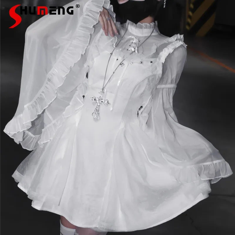 Autumn Japanese Lolita Style Short-sleeved Inner Wear Shirt Long Flared Sleeves Black And White Suspender Dress Women's Clothes