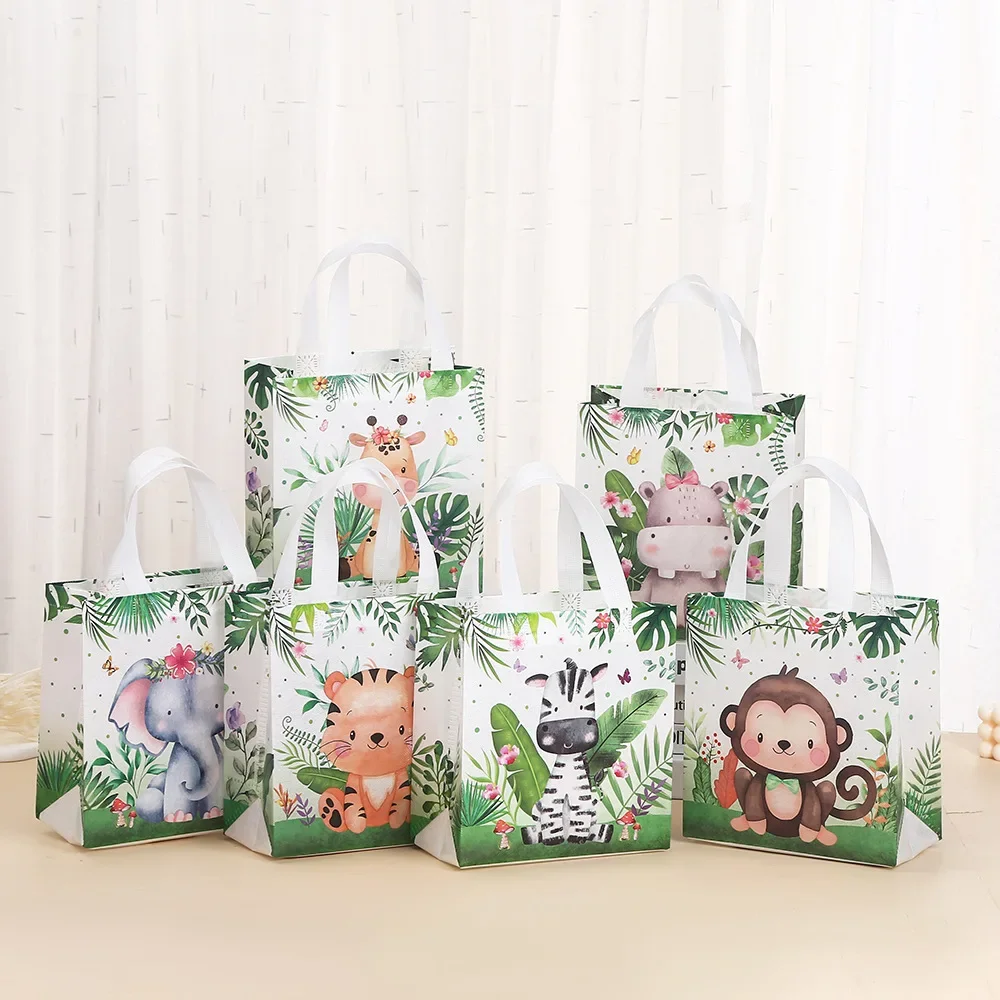 6Pcs Jungle Animal Theme Non-woven Gift Packing Bags Portable Shopping Tote Kids Wild One 1st Birthday Baby Shower Party Decor