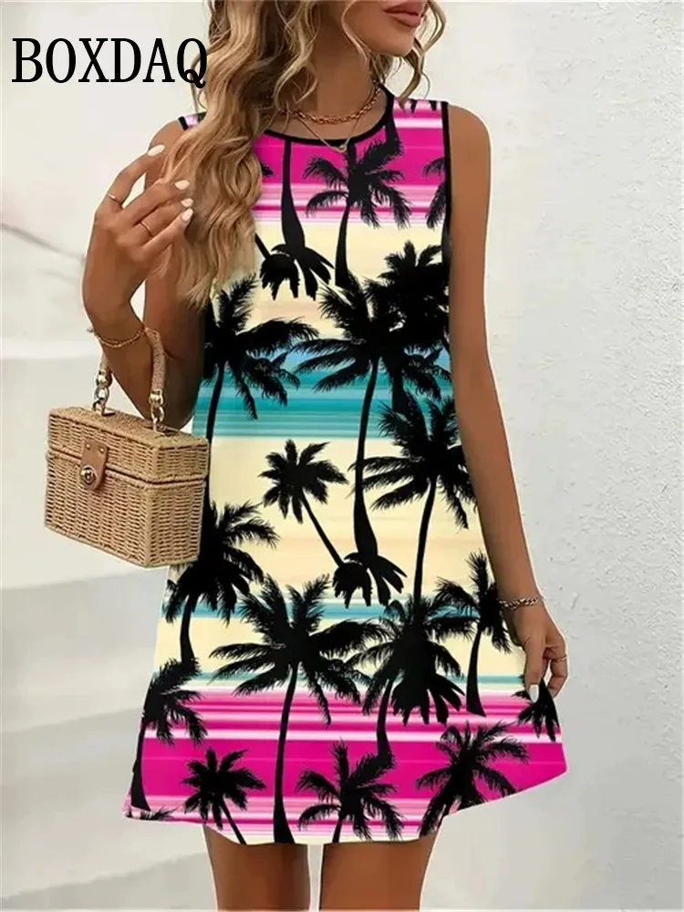 Coconut Tree 3D Print Hawaiian Vacation Beach Dresses Summer Tank Women's Casual Fashion Sleeveless Loose Dress Women Clothing