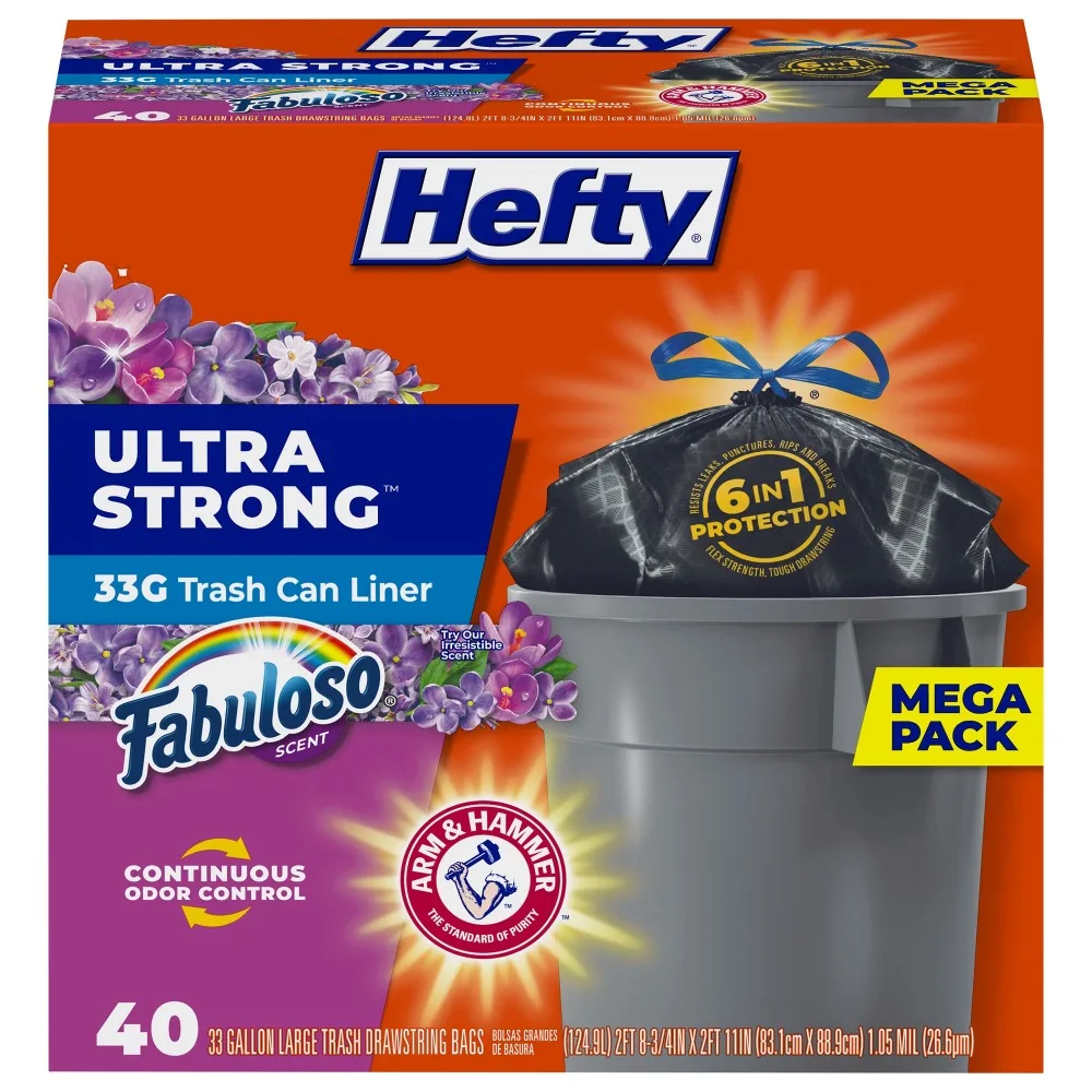 

Hefty Ultra Strong Multipurpose Large Trash Bags, Black, Fabuloso Scent, 33 Gallon, 40 Count