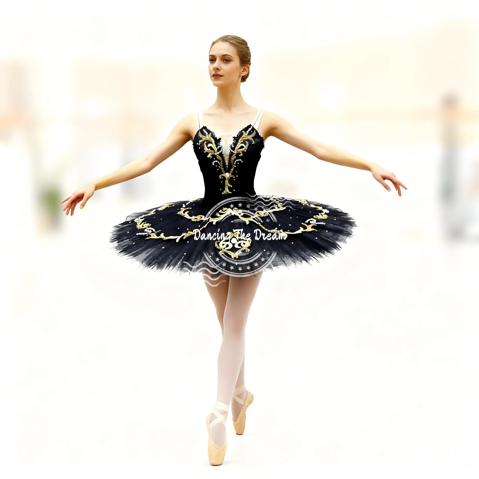 Schwarzgold besticktes Ballett-Tutu-Kleid für Damen und Mädchen, Tanz-Performance-Kostüm