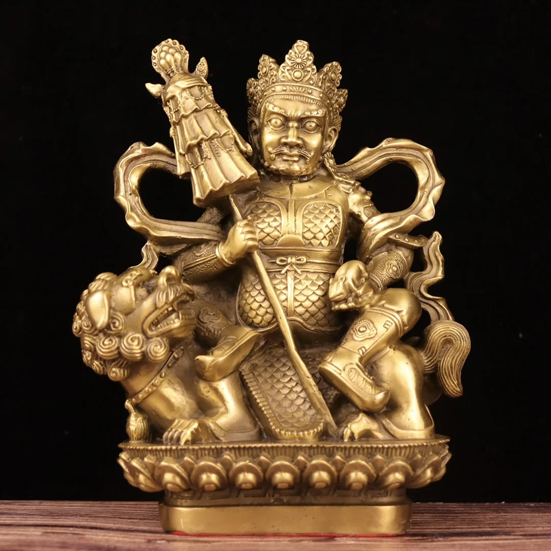 

9"Tibetan Temple Collection Old Brass Treasure King Vaisravana lotus platform Sitting Buddha ornament Town house Exorcism