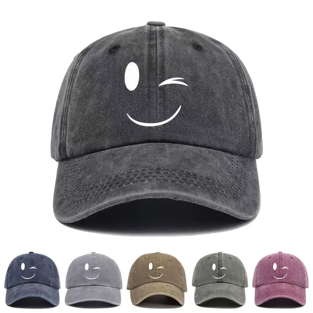 Vintage Washed Baseball Cap Smiley Face Print Graphic Unisex Streetwear Casual Trucker Style Summer Cotton Sun Hat