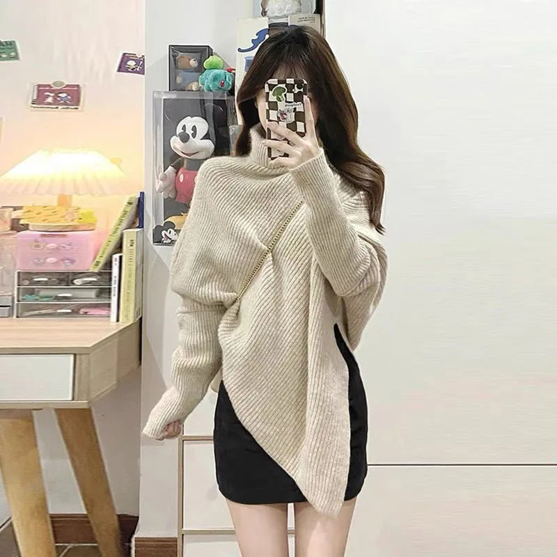 Sweater rajut wanita Korea, tebal, Turtleneck asimetris, Sweater longgar, wanita musim dingin, warna Solid, elastis, hangat, semua cocok