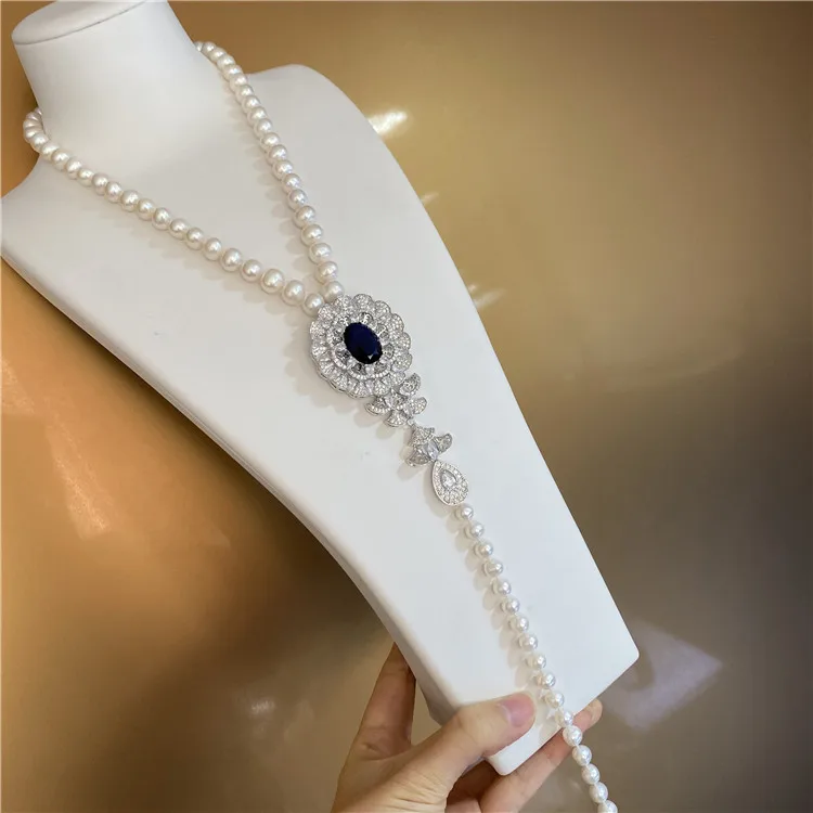 

Women's fashion jewelry micro inlaid zircon accessories 8-9mm white freshwater pearl necklace sweater chain 47+25cm long