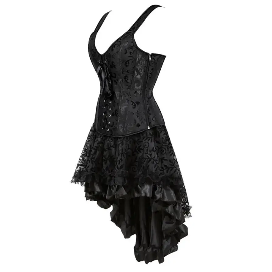 Women Gothic Corset Dress Embroidery Floral Overbust Corset Vest Renaissance Blouse Asymmetrical Lace Skirt Set Plus Size