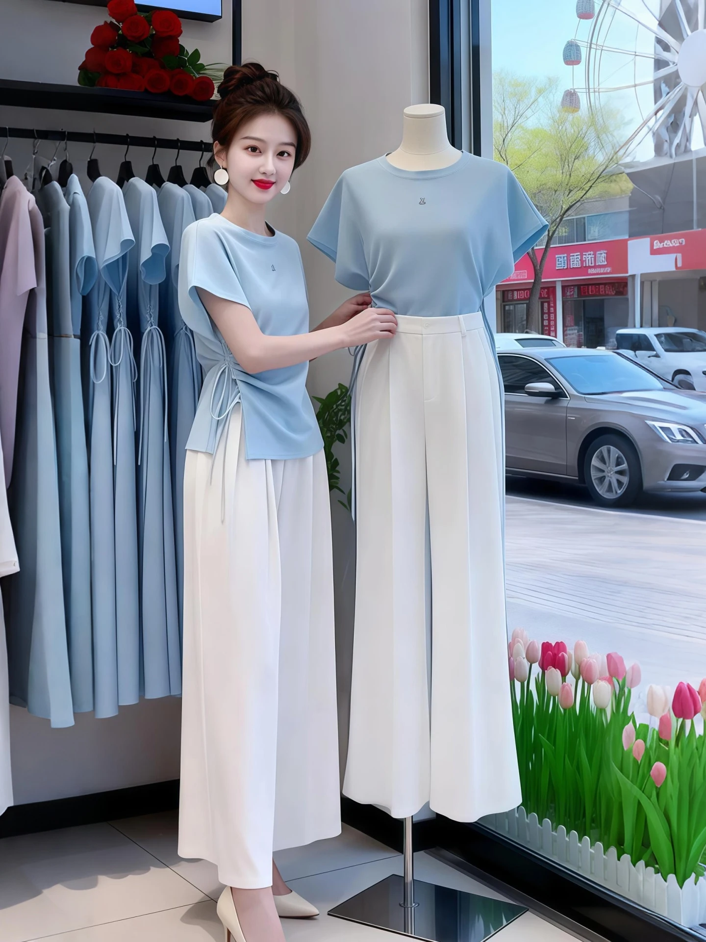 

Women's Summer 2026 Unique Design Tie Waist Slimming Short Sleeve Top Wide Leg Pants Two Piece Set Fashionable Casual Outfit