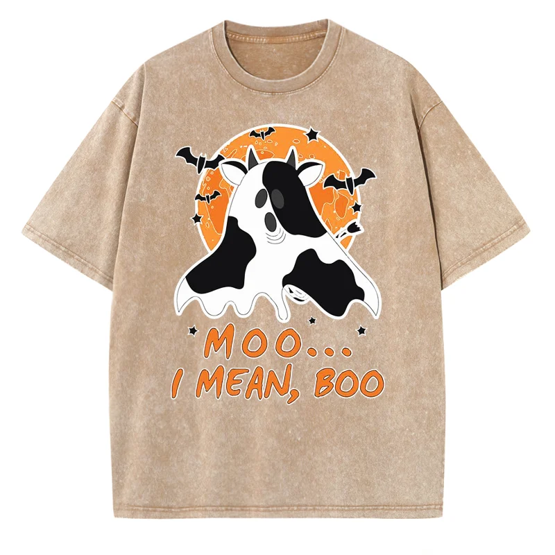 Halloween Cow Colored Ghost Print Women's Wash T-Shirt Loose Crew Neck Stretch Short Sleeve New Pop Unisex Top Funny