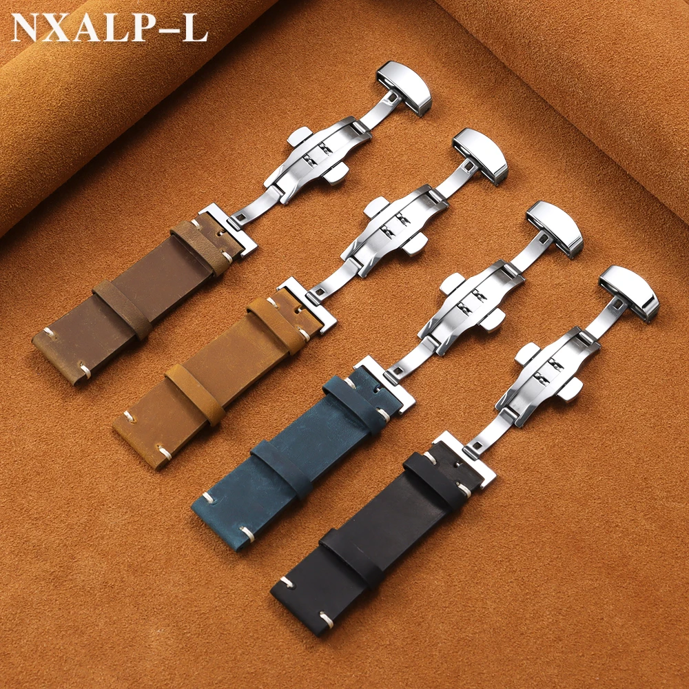 خمر النفط الشمع الجلود حزام (استيك) ساعة 18 مللي متر 20 مللي متر 21 22 مللي متر 24 مللي متر جلد البقر خياطة حزام ل Seiko ل أوميغا معصمه فراشة مشبك