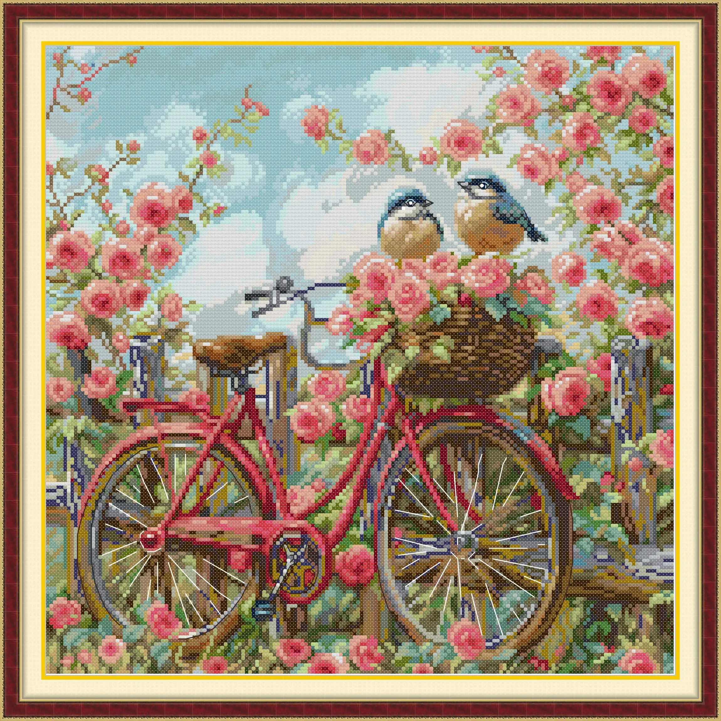 

Joy Sunday Pre-printed Cross Stitch Kit Easy Pattern Aida Stamped Fabric Embroidery Set-Bicycle and Rose