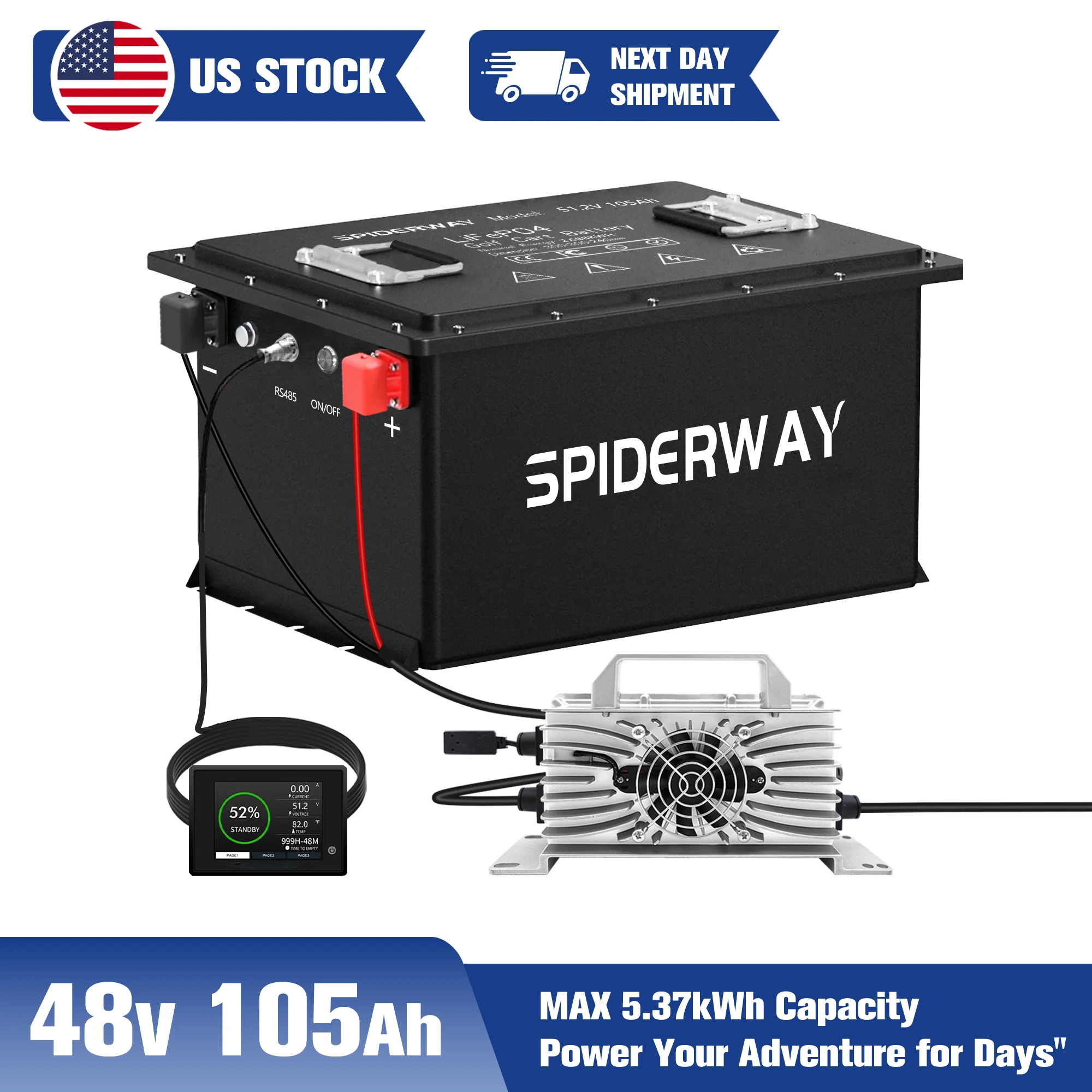 

48V 105Ah Lithium Golf Cart Battery With Charger 200A BMS 6000+ Cycle Max 12.8kW for Club Car Onward 2 4 6 Carryall