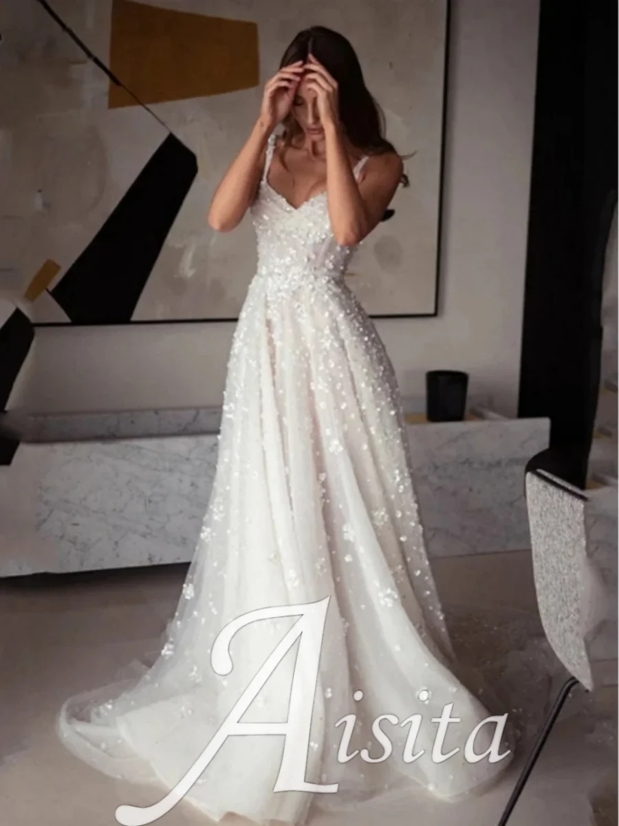 Abiti da sposa senza schienale con scollo a cuore Applicazioni in pizzo Abiti da sposa personalizzati a-line senza maniche per le spose Abiti da sposa