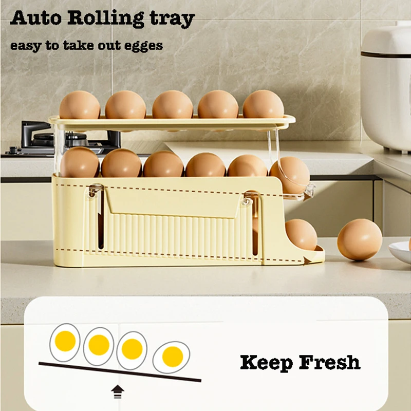 2 Tier Eggs Dispenser Automatic Rolling Egg Tray Storage and Organizer Space-Saving Egg Roller For Refrigerator in Kitchen