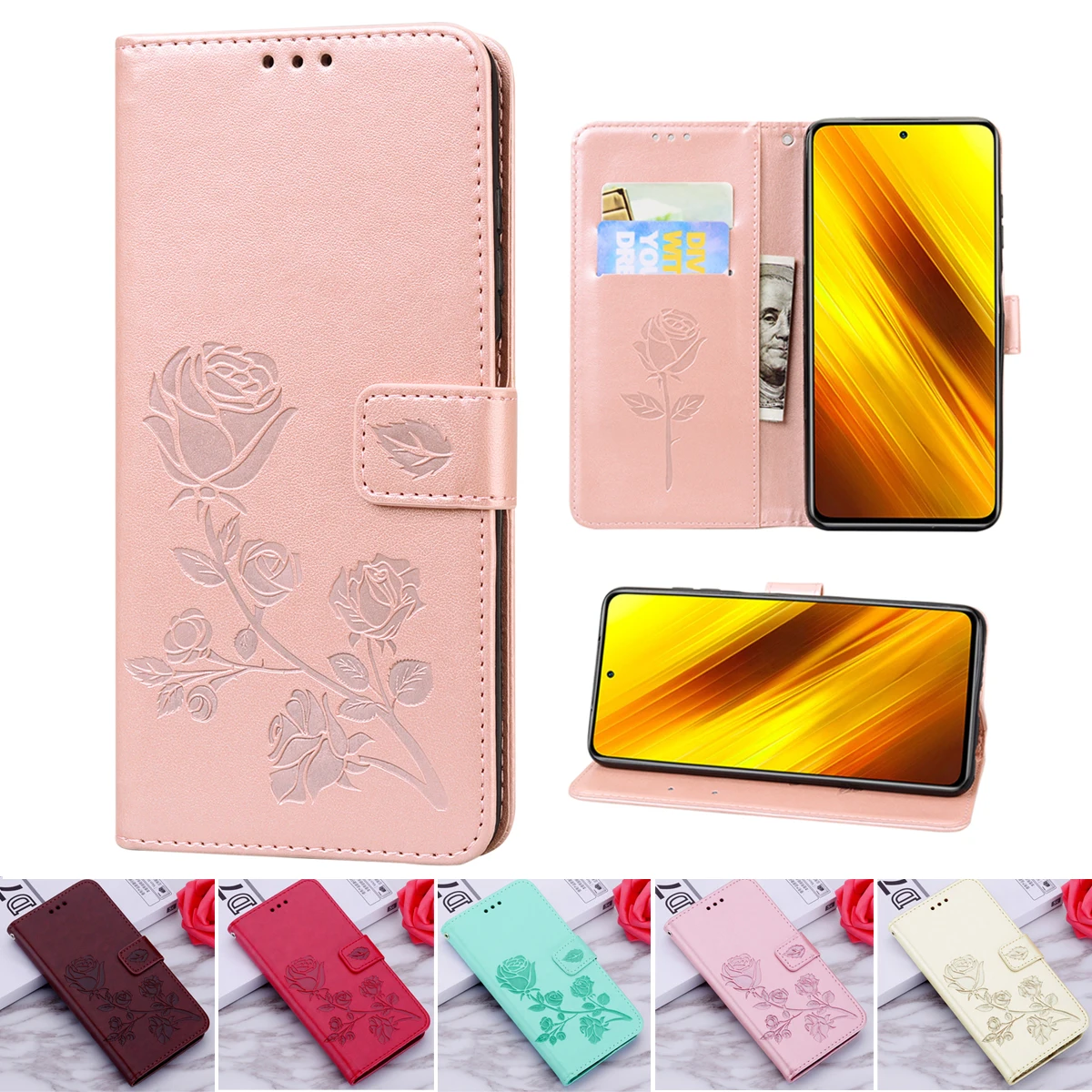 

For Xiaomi POCO M4 Pro 5G Rose Leather Phone Case for Xiaomi Mi A1 5X F1 CC9E X3 Flip Shell Cover for Mi M2 M3 Pro 5G X3 NFC