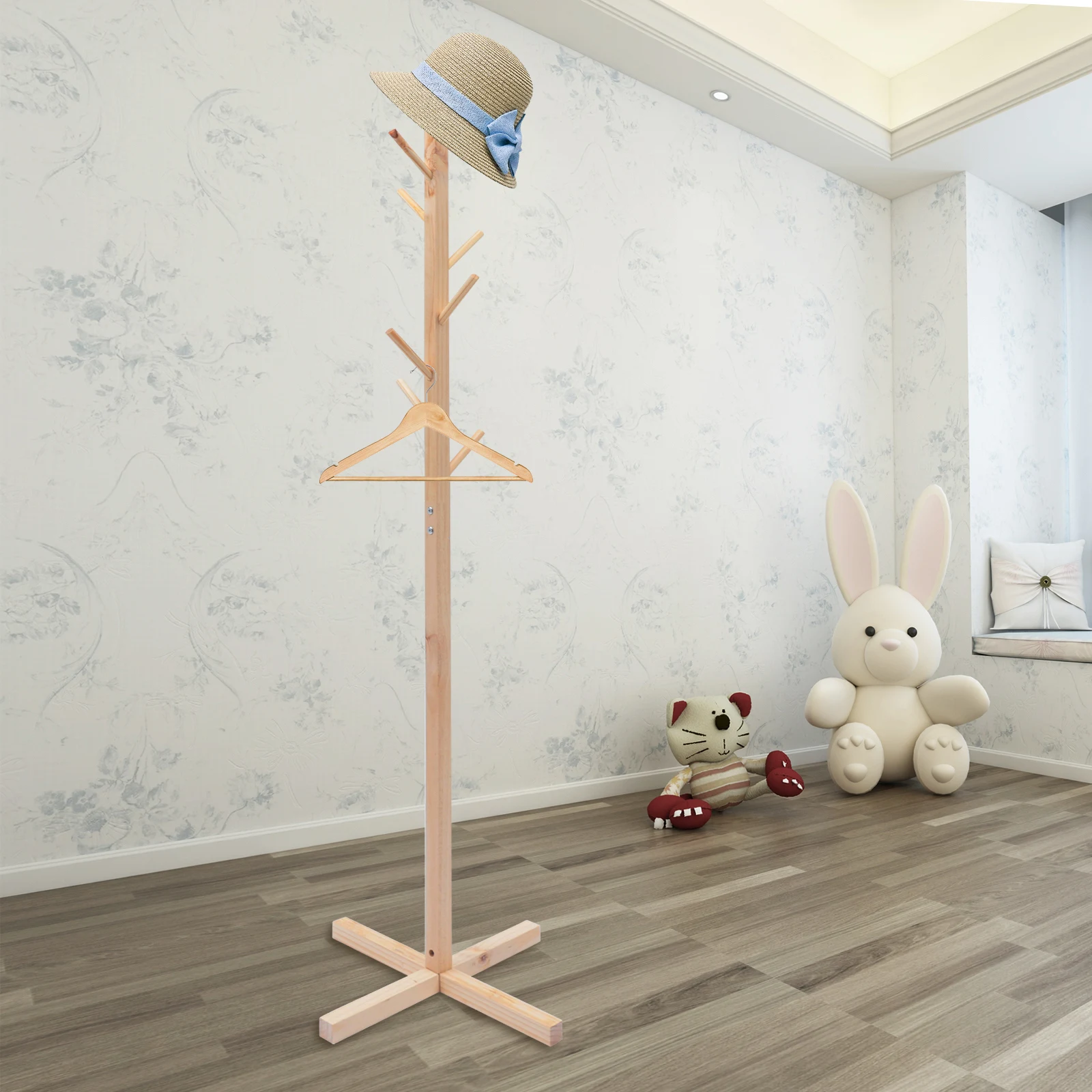 Multi-Purpose Wooden Tree Stand - Floor Coat Rack, Hat and Umbrella Holder for Home