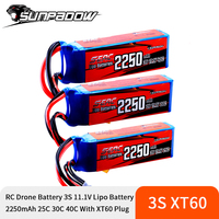 2pcs Sunpadow 3S 11.1V Lipo Battery for 2250mAh 25C 30C 40C with XT60 Plug for RC Airplane Quadcopter Drone FPV Boat Helicopter