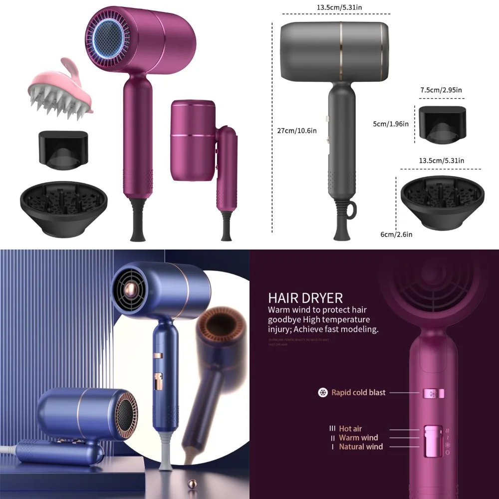 

High-Quality Portable Purple Ionic Hair Dryer with Diffuser - Ultimate Professional Performance for Curly Hair - Salon-Quality A