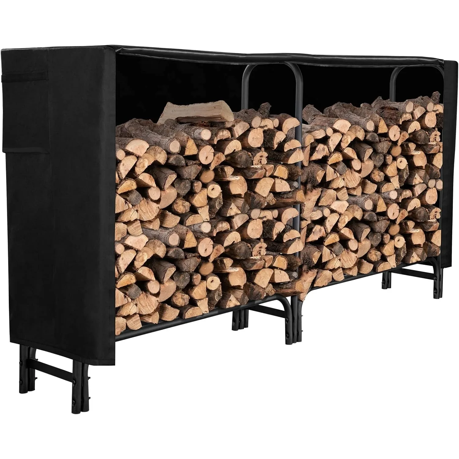 8FT Firewood Rack Outdoor with Cover, Adds Sturdy Middle Upright, Heavy Duty Steel Log Rack Wood Holder, Easy to Assemble