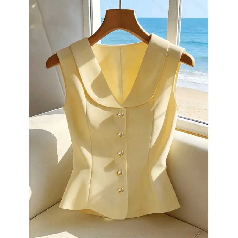 Women Elegant Office Sleeveless Blazer Vest Lapel V Neck Button Slim Fit Yellow Waistcoat Summer Business Sleeveless Shirt Top