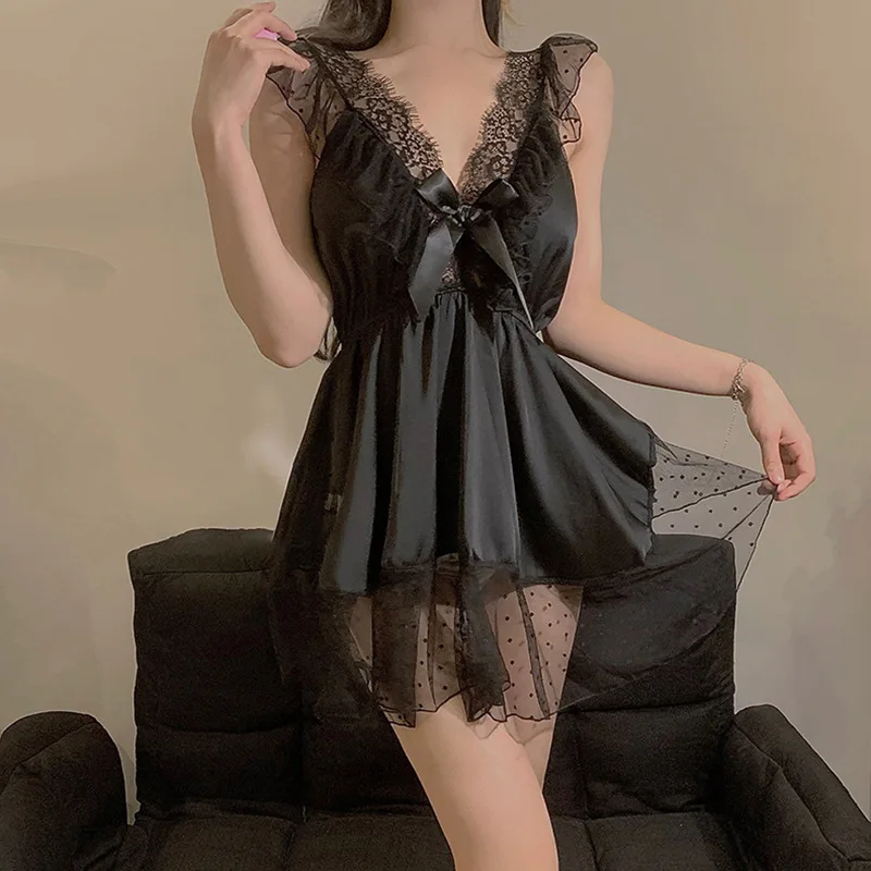 Sexy Mini Women Nightgown Sleepwear Patchwork Lace Mesh Nightdress Intimate Lingerie Summer Sleeveless Loose Home Dressing Gown