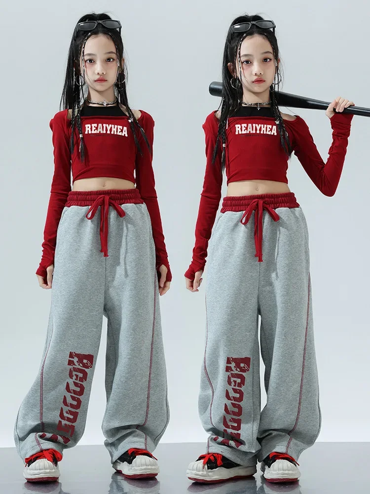 

Children Kpop Stage Performance Costumes Girls Hip-hop Red Print Shoulder Long Sleeved Casual Pant Jazz Performance Suit