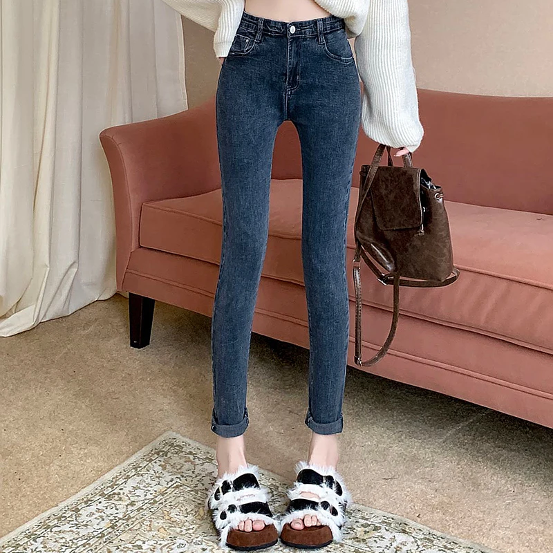 Women High Waist Korean Vintage Straight Leg Jeans Lady Slim Fit Casual Denim Pencil Pants Female Blue Oversized Skinny Trousers